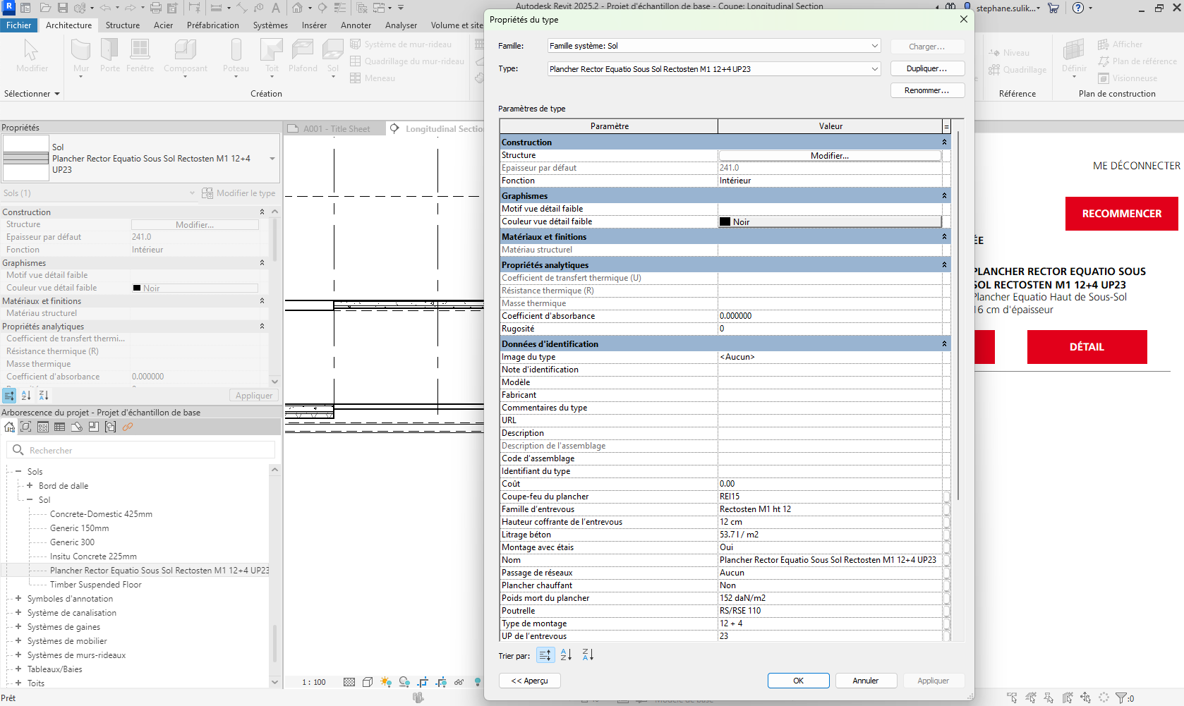 Le plancher est modélisé avec toutes les informations techniques